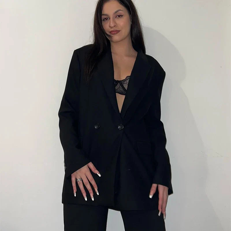 HXAO Blazer Women Double Breasted Pocket Women's Jacket 2025 Long Sleeve Casual Blazers Woman Chic Office Wear Ladies Coat