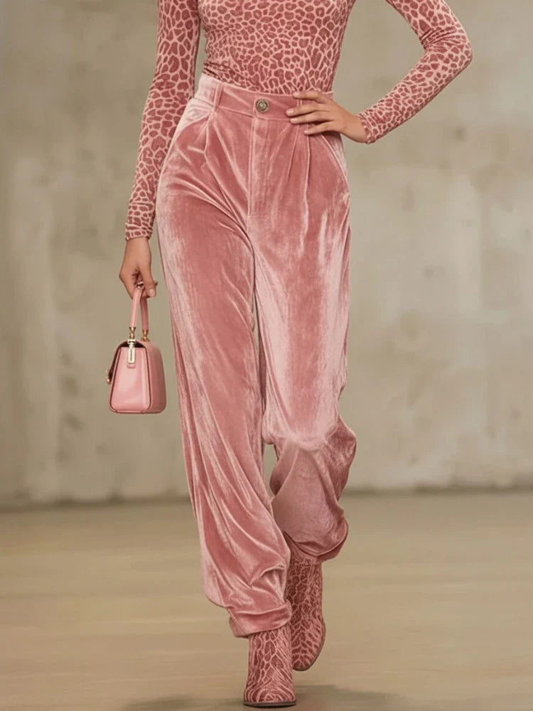 Bonboho Women's Pink Velvet High Waist Pants Buttoned Loose Fit Full Length Trousers 2026 Stylish Pleated Pants Matching Bottoms