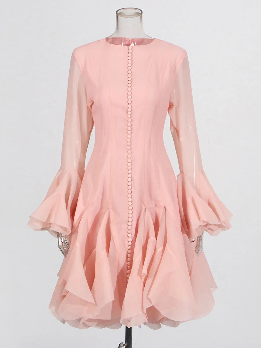 TWOTWINSTYLE Solid Long Dresses For Women Round Neck Flare Sleeve High Waist Slim A Line Spliced Ruffles Dress Female Fashion