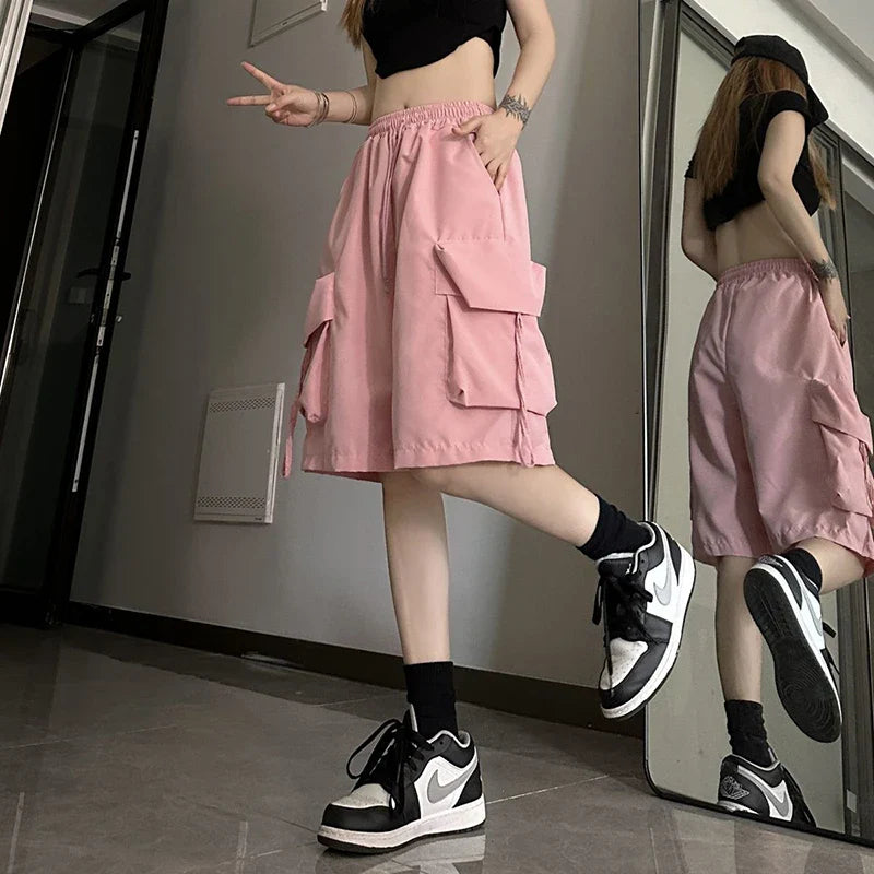 ZOKI Women High Waist Cargo Shorts American Style Streetwear Summer Wide Leg Pants Fashion Female Big Pocket Loose Shorts New
