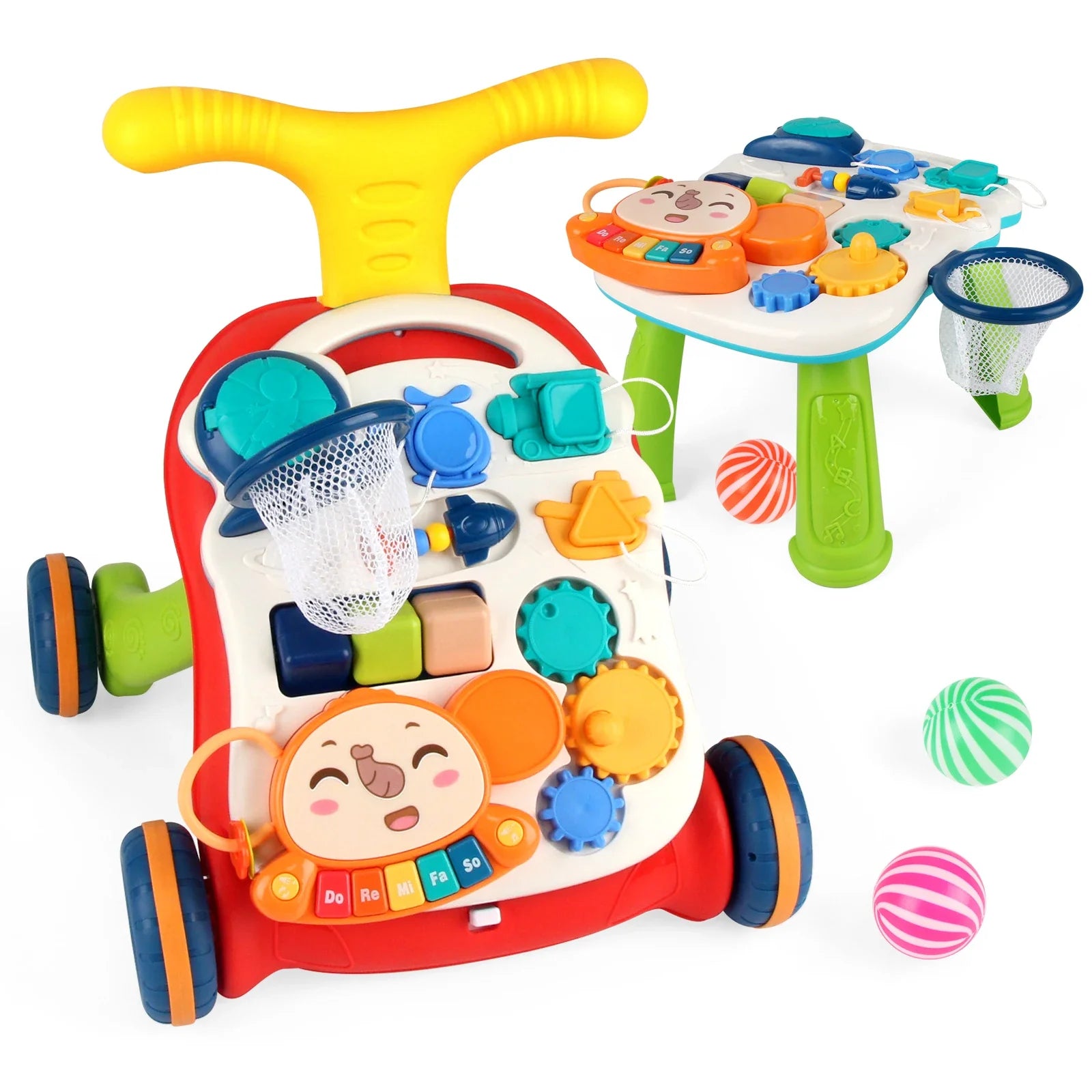 Cartoon Baby Push Walker Toy with Drawing Board Music Multifunction Activity Infant Learning Walk for 6-15 Months Toddler Walker