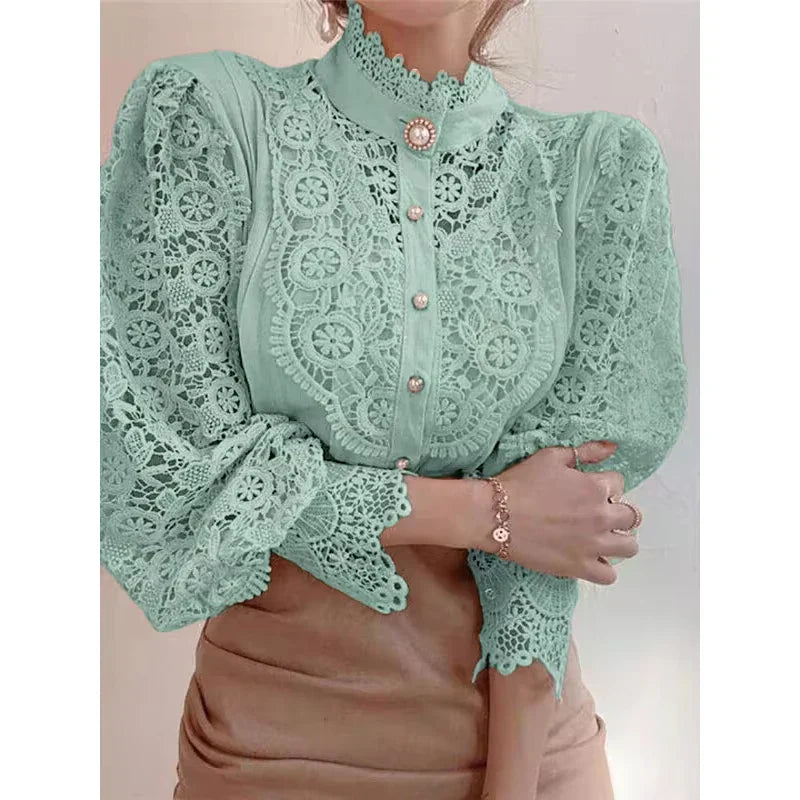 New Women's Long Sleeve High Neck  Chic Blouse, Lace Paneled Hollow Sleeve Elegant Top, Vintage Fashion Office Lady Outfits