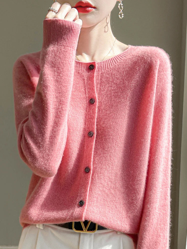 Women 100% Merino Wool Cardigan Soft O-Neck Cashmere Sweater OL Buttoned Knitwear Casual Top Clothing Korean Style