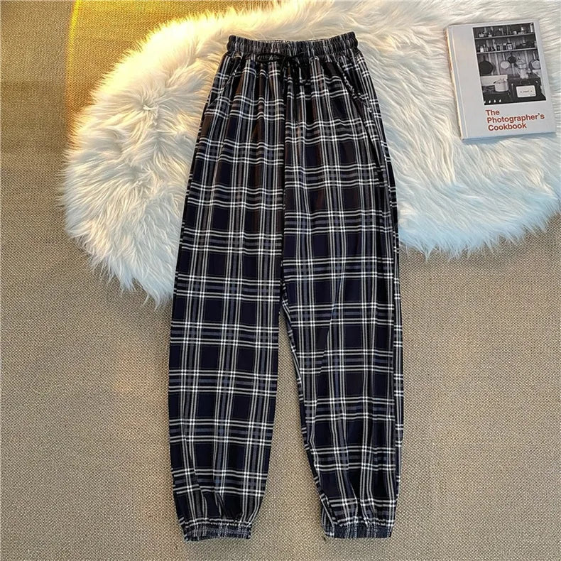 Pants Women New Bunch of Feet Fashion Loose Black Plaid Summer Harajuku Students Streetwear Harem Long Trousers Womens Chic