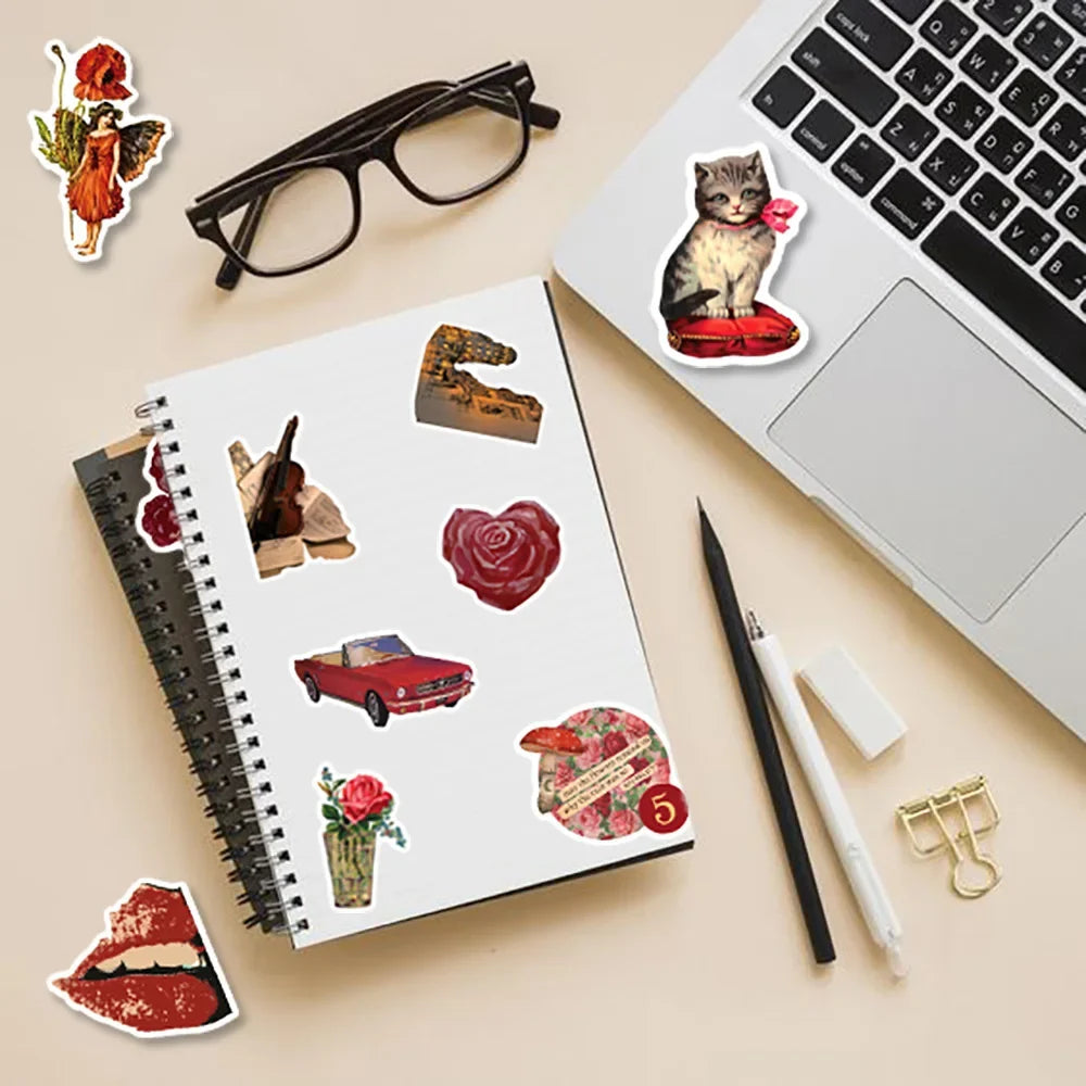 10/30/50pcs Ins Vintage Red Cartoon Stickers Retro Graffiti Decals Skateboard Fridge Laptop Phone Waterproof Sticker Kids Toys