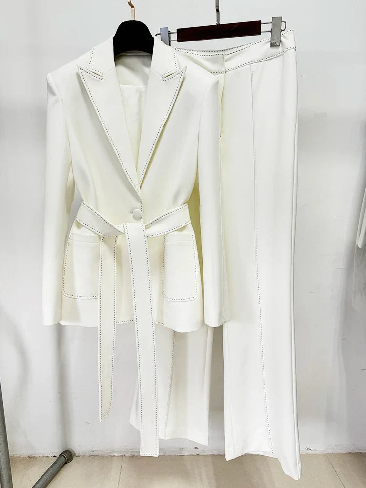 HIGH STREET Newest Fashion 2026 Designer Suit Set Women's Contrast Stitching Belted Blazer Pants Suit 2pcs