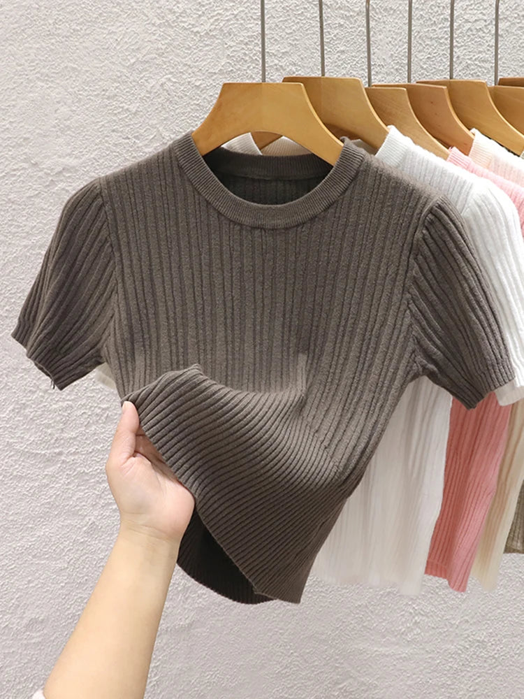 2026 Summer T shirts for Women Casual Female Korean Knit Streetwear Tees Basic Solid Young Cool Tops