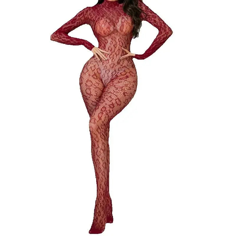 Mature European and American Women's Long Sleeved Transparent Hollow Jacquard Sexy Erotic Seductive Jumpsuit