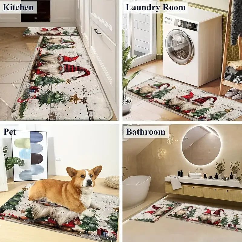 VIKAMA 2-Piece Christmas Rug Set White-Bearded Father Christmas Design Kitchen Mat Entrance Doormat Non-Slip Festive Home Decor