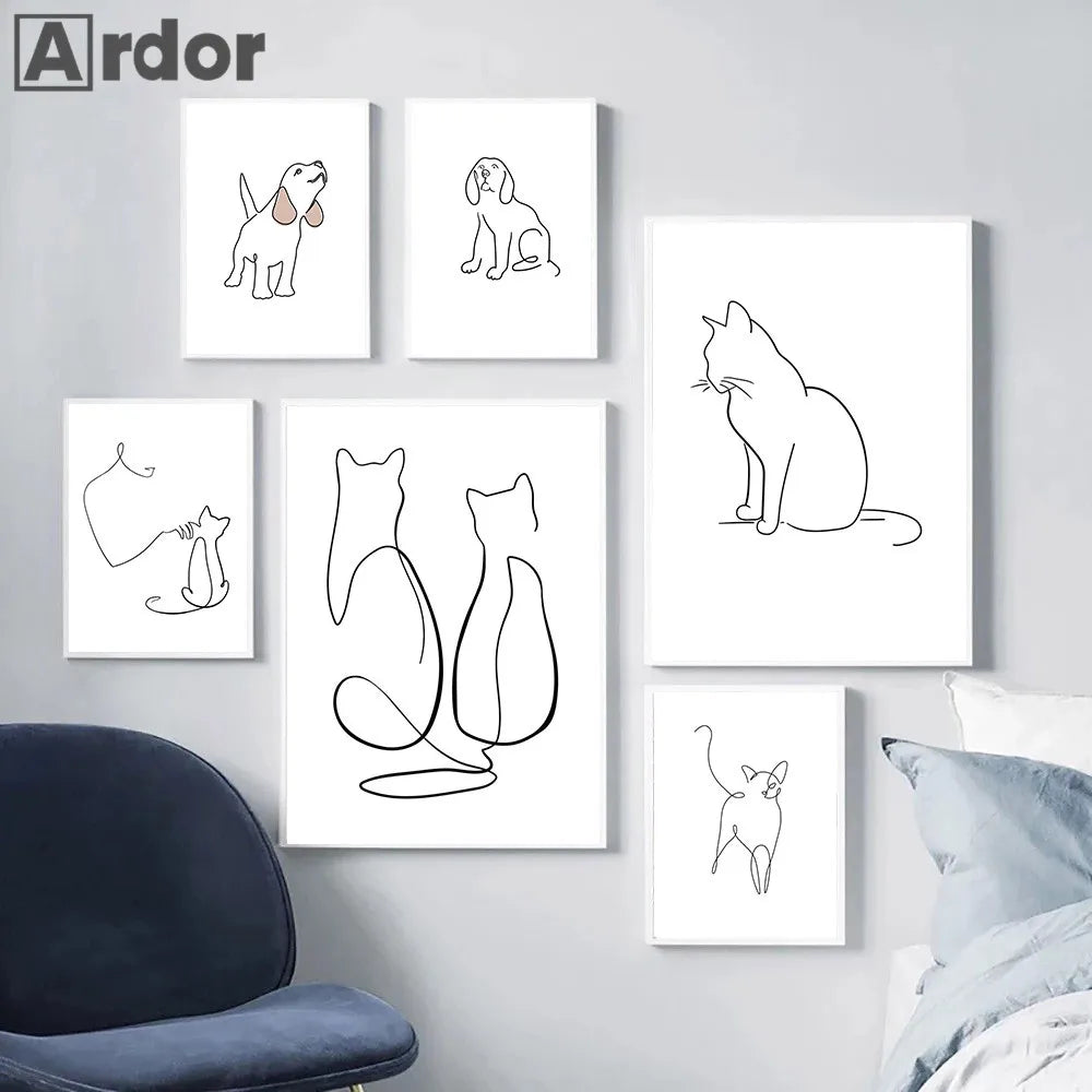 Abstract Pet Dog Cat Poster Canvas Painting Line Drawing Wall Poster Black White Minimalist Art Prints Nordic Picture Home Decor