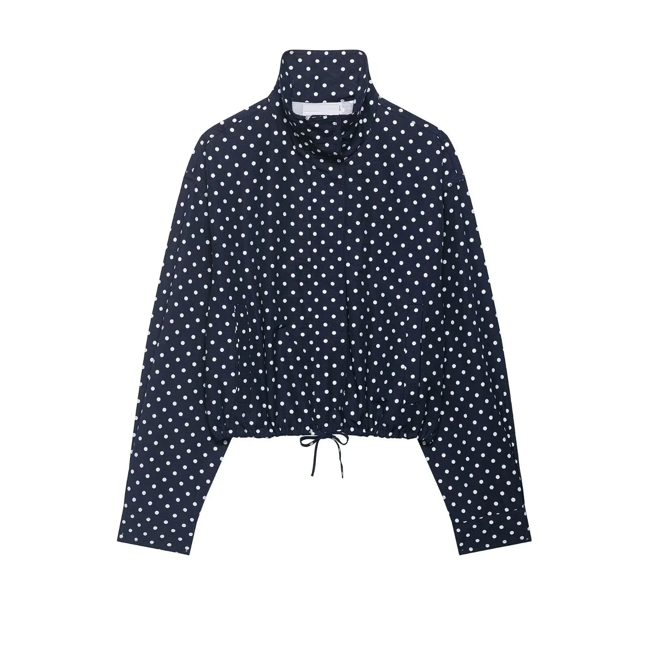 HH Fashion Women's Polka Dot Print Short Coats Autumn Long Sleeves Turtleneck Zipper With Pockets Drawstring Casual Jacket
