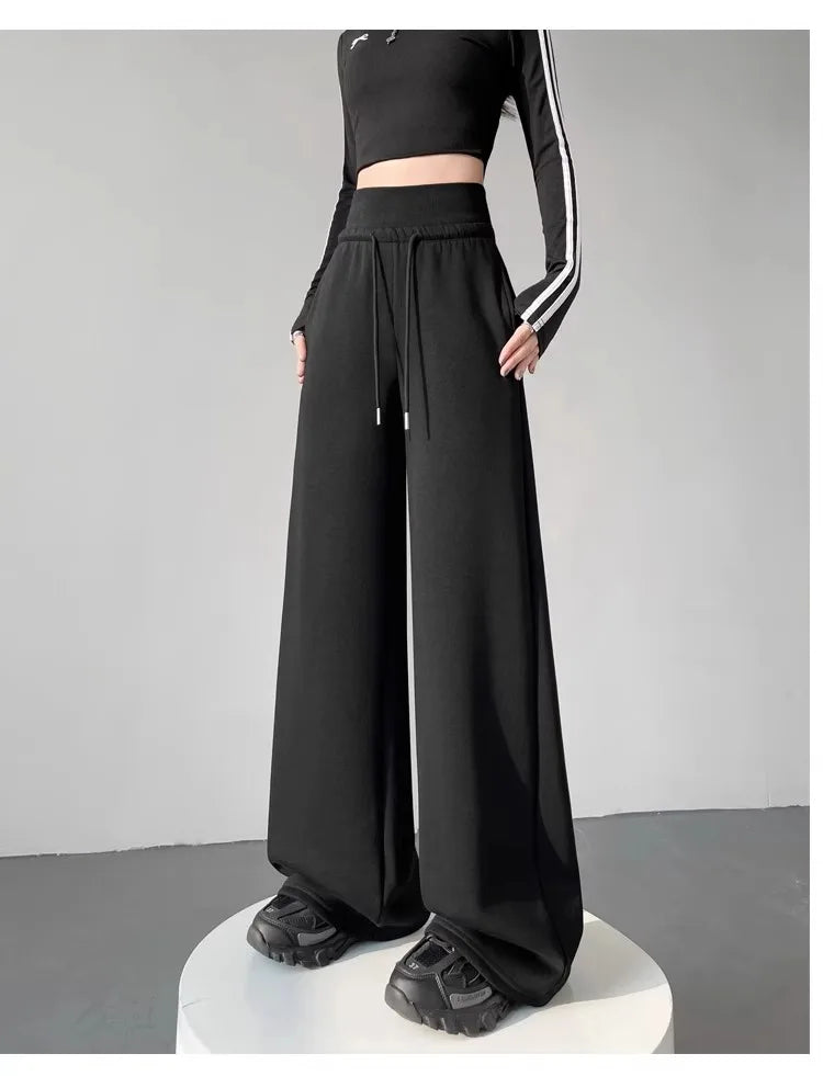 Women's gray sports high waist hanging loose slimming straight leg wide leg pants American sweatpants.