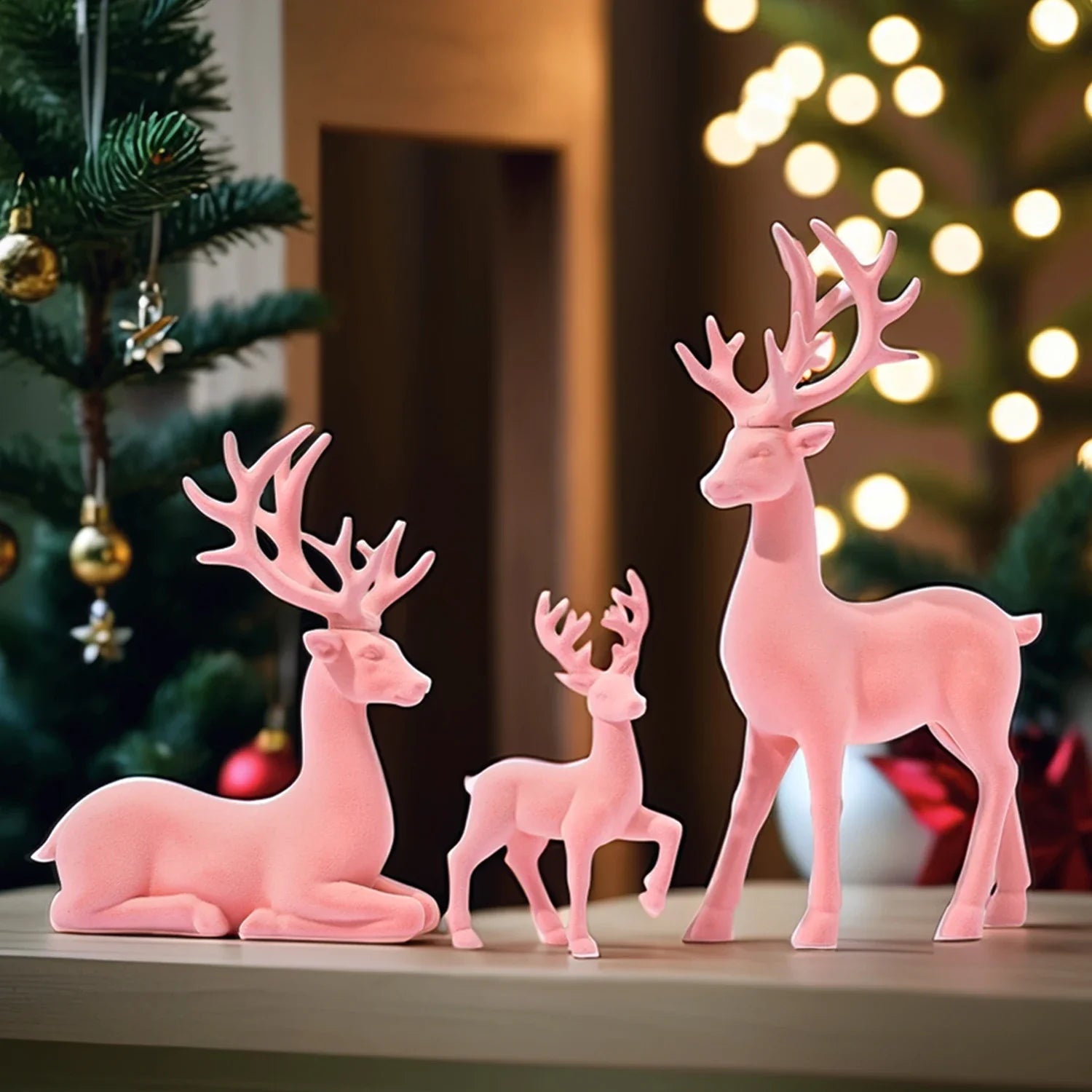 3 Pcs Large Figurines Christmas Decorations Pink Flocked Reindeer Statue Christmas Decor,White Elk Solid Synthetic Resin
