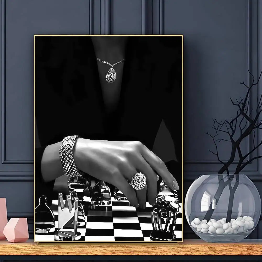 Modern Luxury Fashion Black White Art Heels Champagne Retro Poster Sticky Wall Art Printing Waterproof Home Living Bed Room Bar