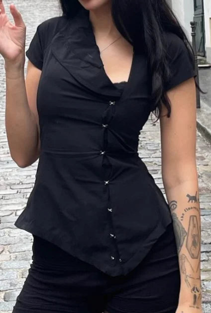 Women Vintage Black Irregular Buttons Top Fashion Solid Lapel Short Sleeve Slim Cropped Blouse 2026 Lady Daily Street Y2k Tops