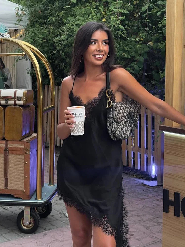 Sexy Solid Sling Lace Dress For Women Fashion Off Shoulder Backless High Waist Mini Vestidos 2025 Chic Summer Holiday Dresses