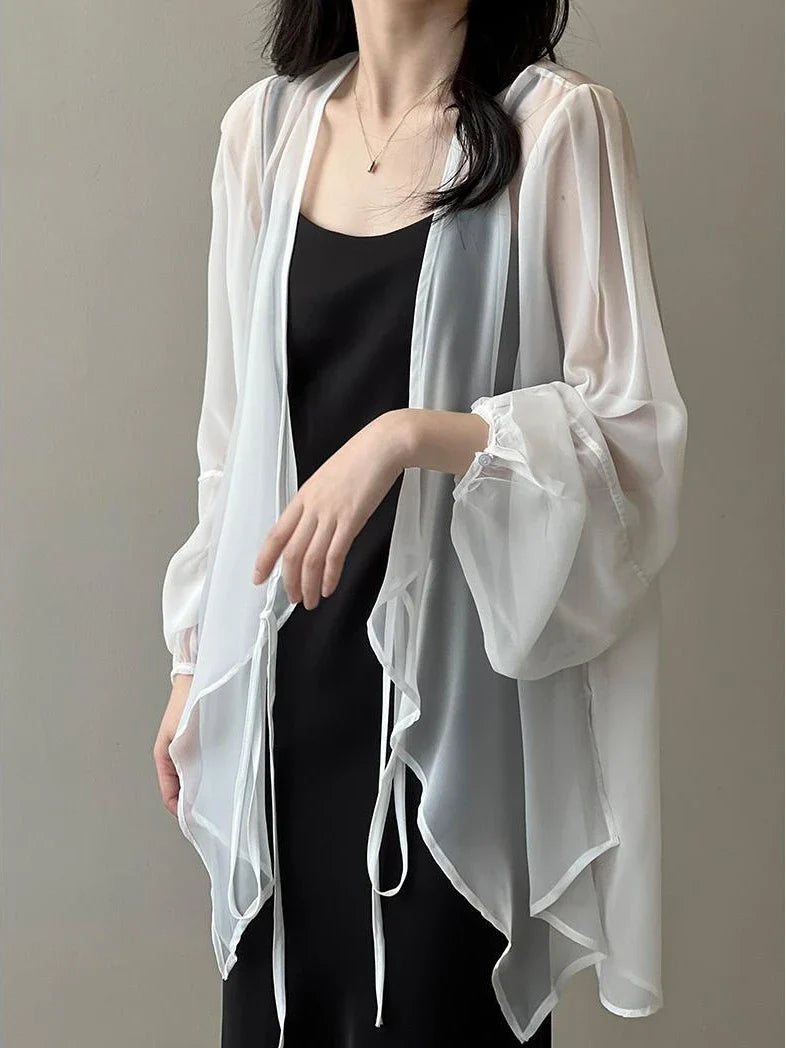 Shirts Women V-neck Loose Long Sleeve Open Stitch Korean Style Lace-up Simple Solid Summer Chiffon Breathable Minimalist Stylish