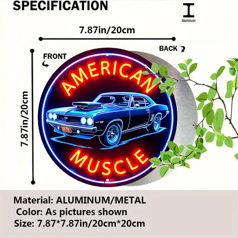 1pc Vintage-Inspired American Muscle Car Neon Sign Round Aluminum Wall Art With Sleek Edges, Bright Red & Blue, Perfect For Cafe