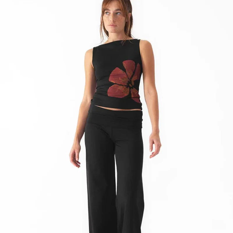 2025 New Fashion Women's Crop Tank Tops Fitted Flower Print Boat Neck Sleeveless Summer Tops for Party Club