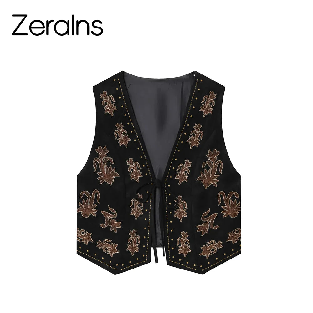 ZERAINS Autumn new women's clothing European and American style bead embroidery suede texture effect vest