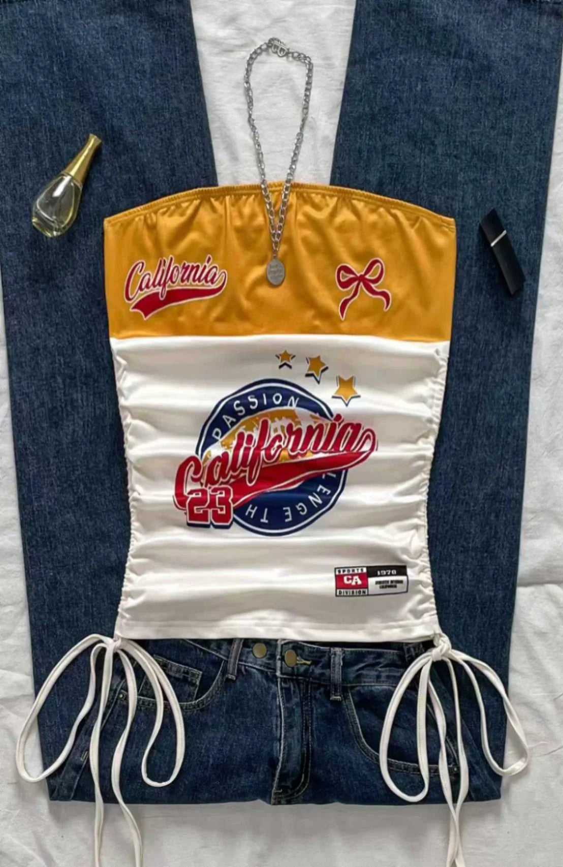 Women's casual retro drawstring front cut vest, suitable for Y2K and guitar prints in spring and summer