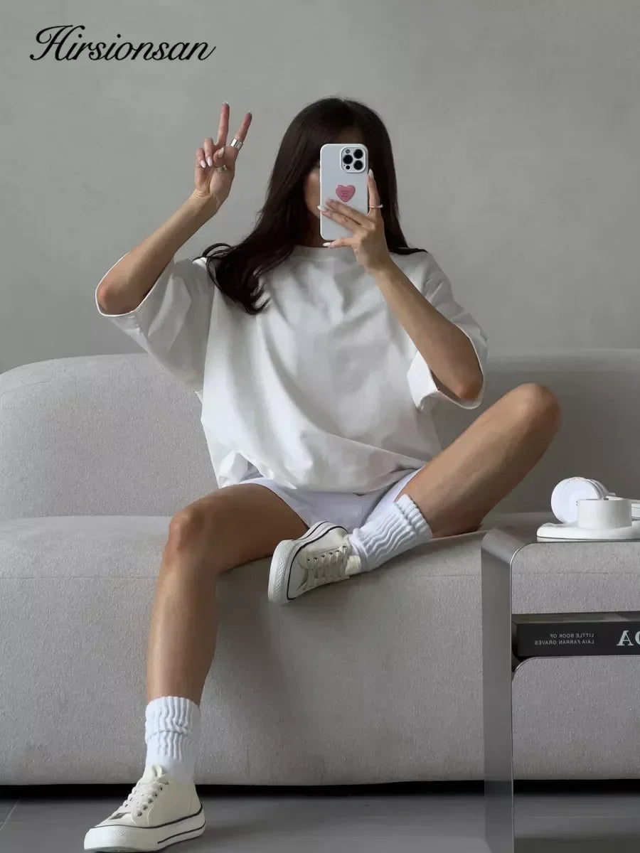 Hirsionsan Summer Casual Oversized T-shirts Women 100% Cotton Pink Loose Tees 2025 New Cusual Solid O Neck Female Aesthetic Tops