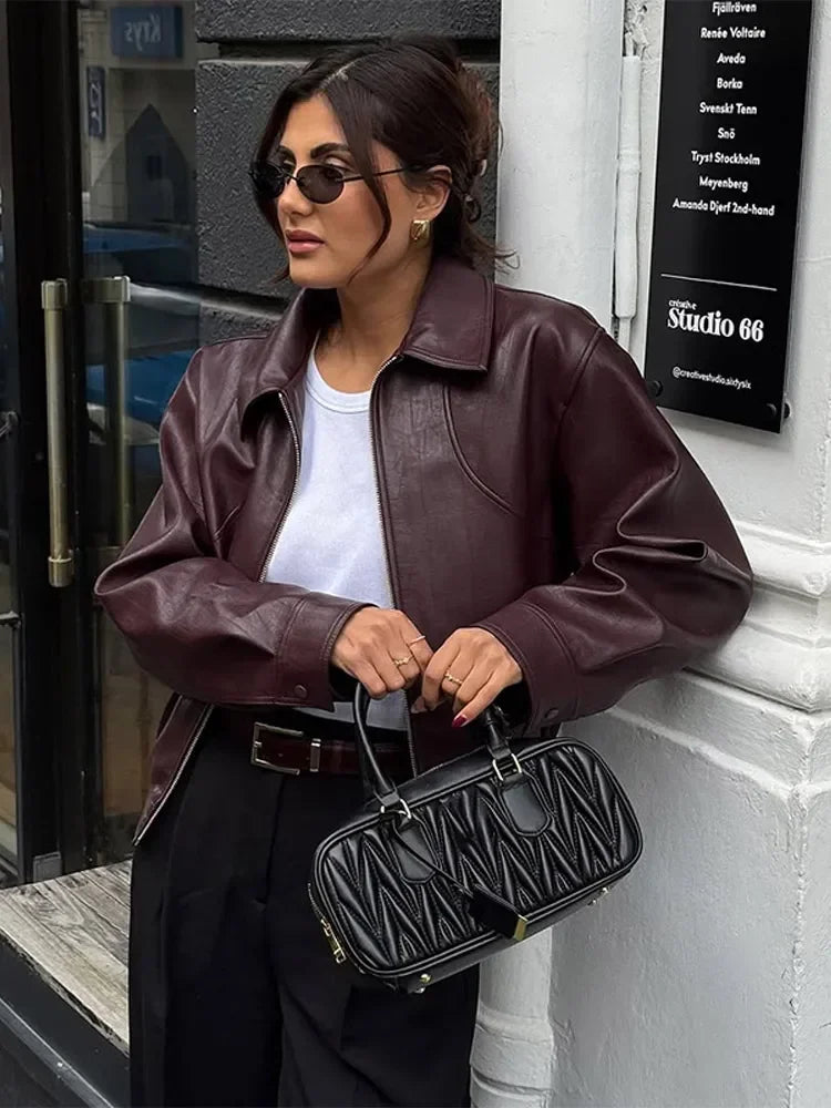 Full Sleeve Cropped Wine Red Leather Jacket Women Casual Slim Thin Pu Motorcycle Coat Zipper Lapel Lady New Highstreet Outwear