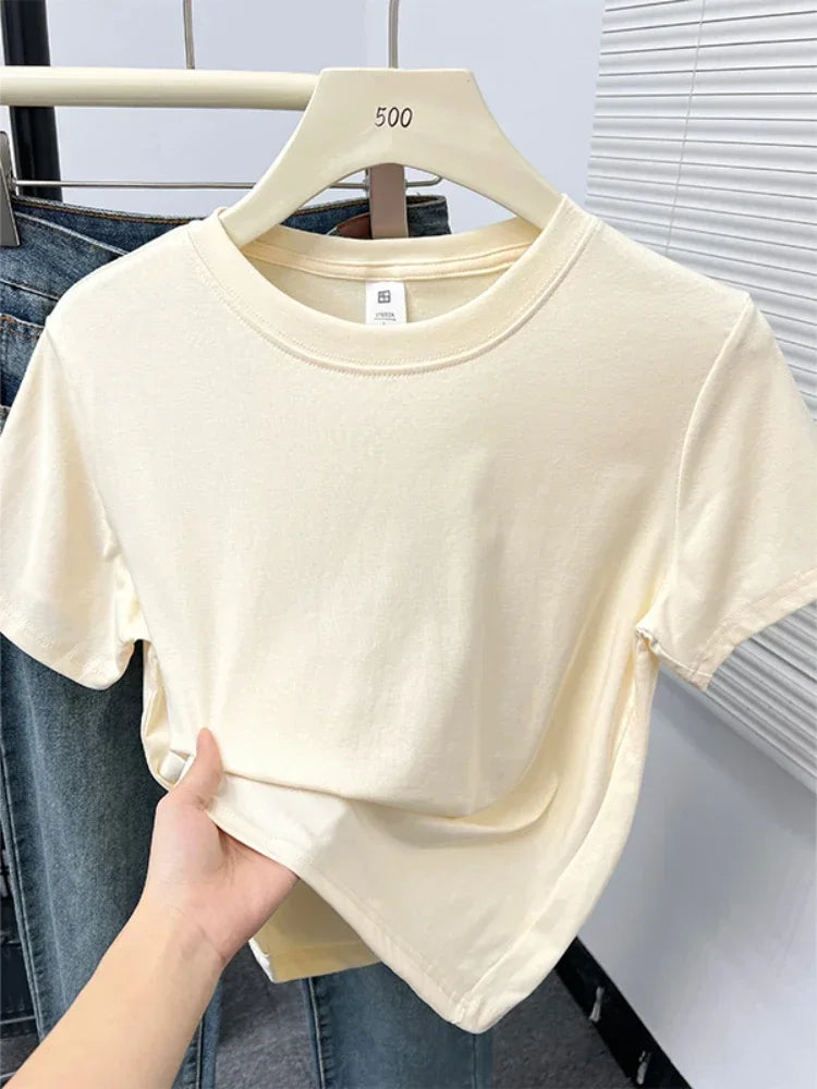 2026 Summer New High Quality Casual T Shirt Sexy Short Sleeved Sleeves Fashion Trend Solid Women Clothing Y2k Tops