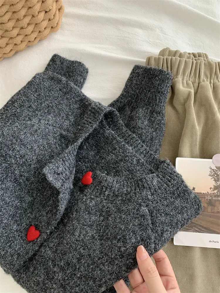 Deep Grey Wool Knitted Cardigan For Women 2026 Autumn Winter Soft And Sticky Warm Love Buckle Shoulder Sleeves