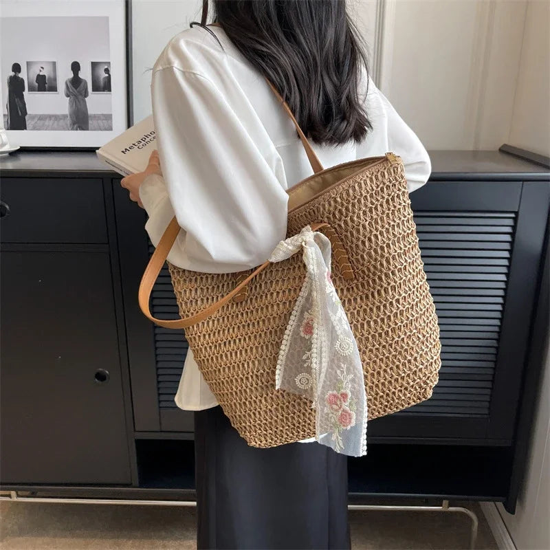 Summer Large Capacity Tote Bag Handmade Woven Shoulder Bag for Women Fresh Rural Style