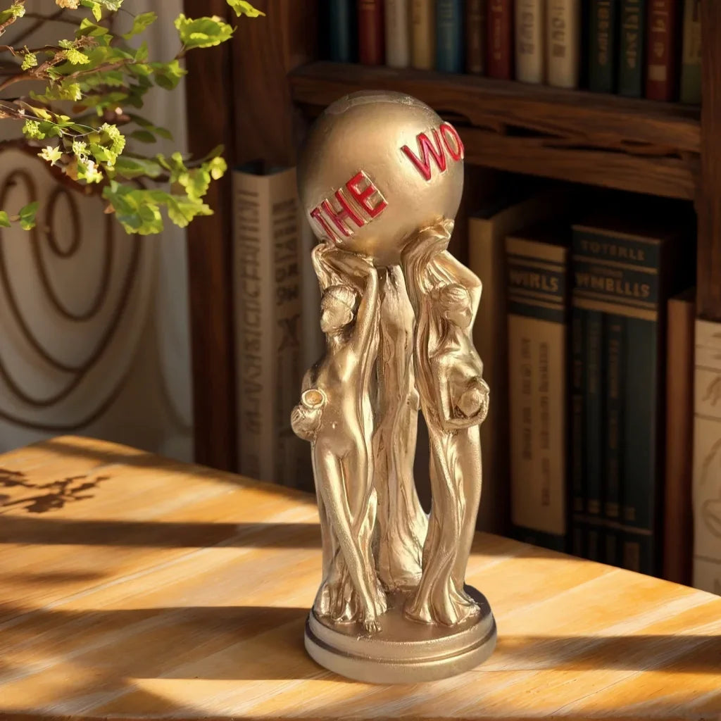 1 Piece of Light Luxury Three-Person Ball-Holding Art Ornament, Golden Texture, Ball Engraved with the World Is Yours, Inspirational Atmosphere Display Piece for Living Room Tabletop