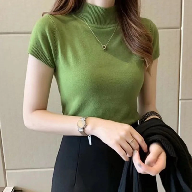 Turtleneck T-Shirt Women's Fashion Jumper Casual Tops Korean Style Elegant Solid-Coloured Clothing Spring And Summer Season