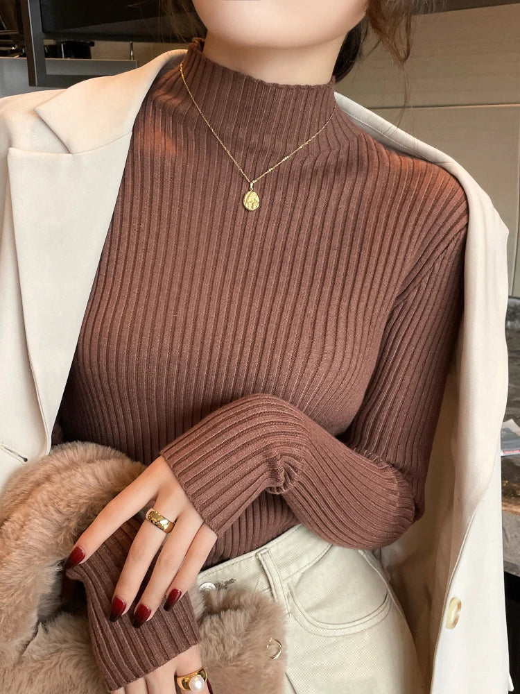 Chic Autumn Winter 2026 Pullovers Women Long Sleeve Casual Turtleneck Warm Basic Sweater Knit Jumpers Solid Color Slim Tops