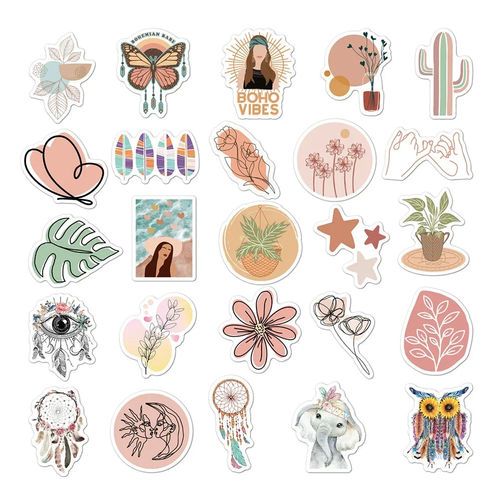 10/30/50pcs Cute Cartoon Art Bohemian Aesthetic Stickers Graffiti Decals Laptop Phone Scrapbook Car Luggage Waterproof Sticker