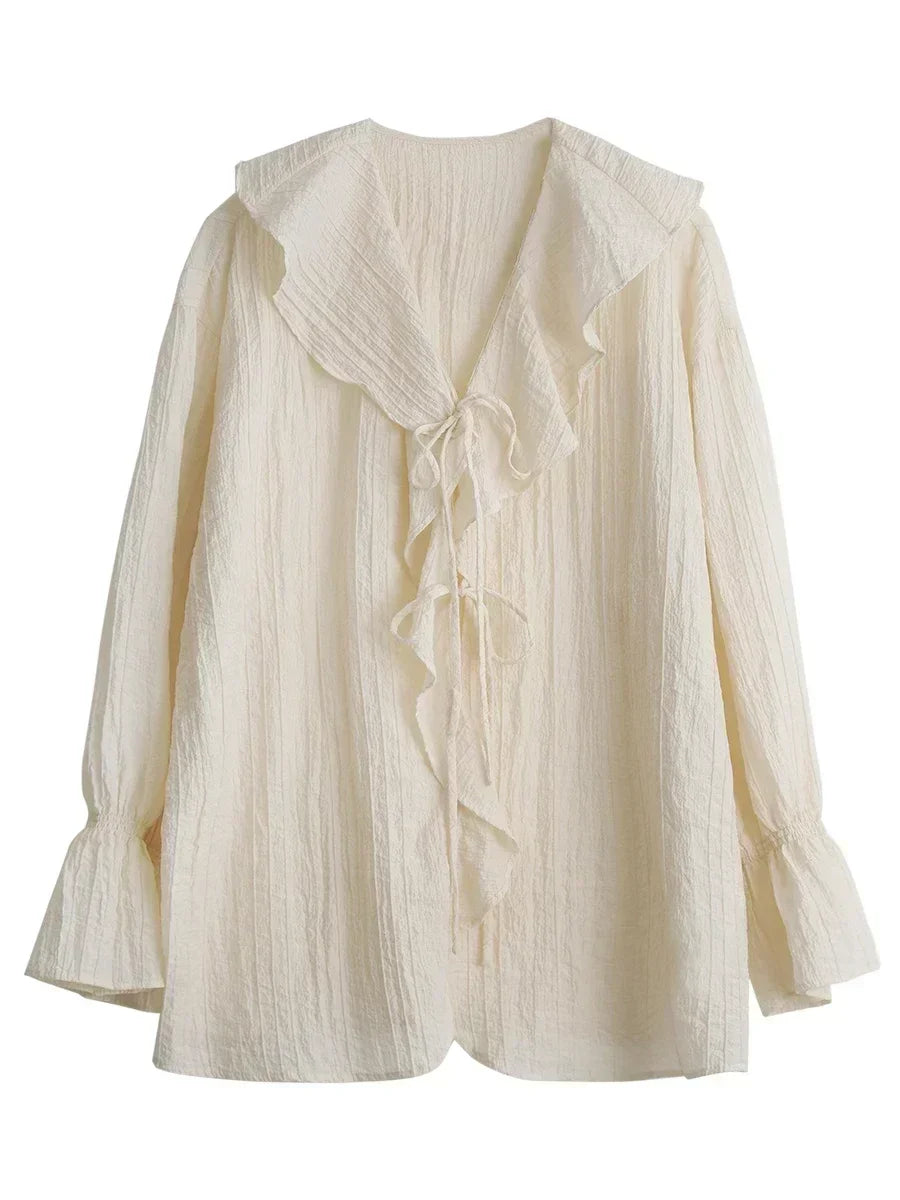 CHIC VEN Women Shirt Loose Casual Ruffled Edges Female Blouses V Neck Lace Up Mid Length Woman Shirts Spring Summer 2026