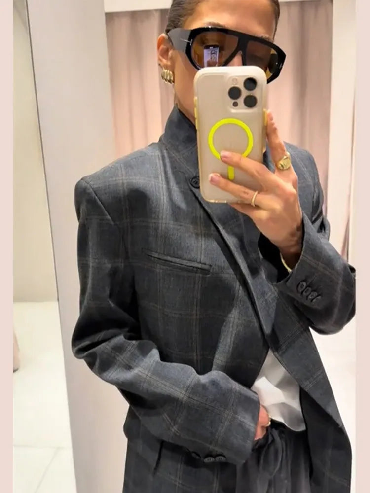 Women Irregular Plaid Blazer Jacket Stand Collar Full Sleeve Split Loose Short Jackets 2026 Fashion Lady Daily Commute Outwears