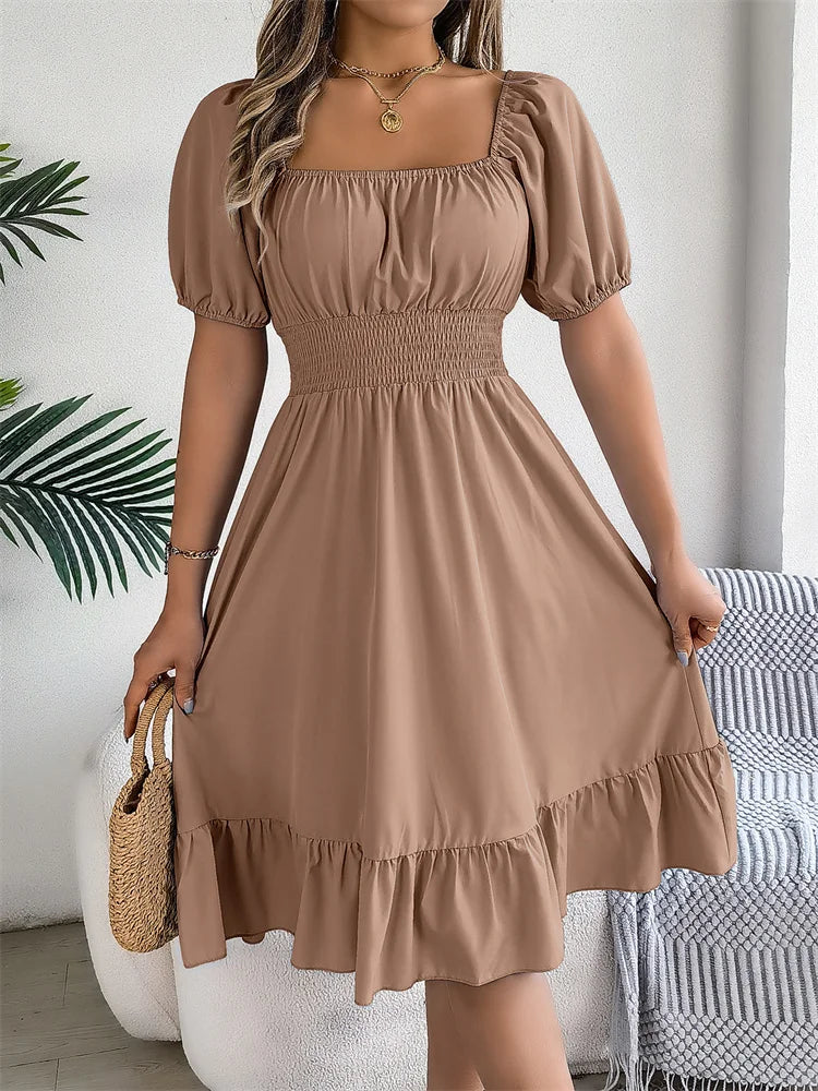 Msfilia Leisure Square Collar Spring Summer Dress Women Short Sleeve Loose Waist Design Lotus Leaf A-shaped Print Dress