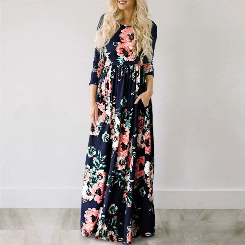 Women Summer Floral Print Maxi  2025 Loose White Boho Beach Dress Women Vintage Evening Party Long Dress Vestidos Female Robe