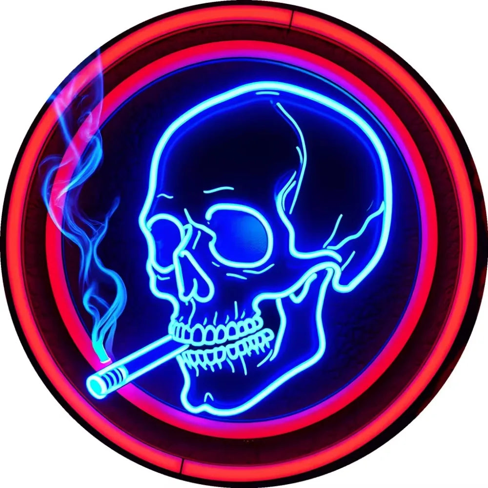 Stand out  Aluminum Neon Skull Sign. Round, Cigarette Wreath.Ideal Wall Art for Kitchen, Office, Garden. Great for Festive Decor