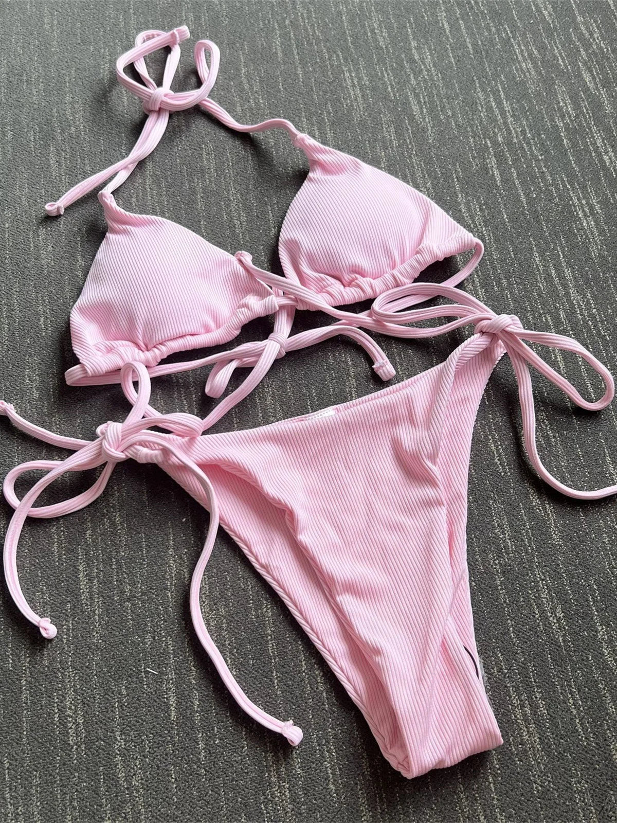 Sexy Brown Bikini 2026 Women Solid Red Halter Push Up Bra Tie Side Triangle Swimsuit Summer Bathing Suit Lace Up Micro Swimwear