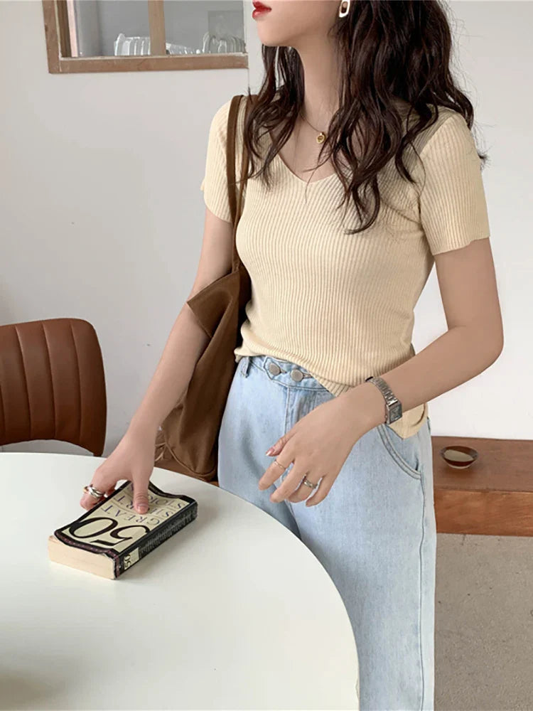 AOSSVIAO 2026 Basic V-neck Solid Thin Summer Pullover Women Female Knitted Ribbed Sweater Slim Short Sleeve Bodycon Sweater