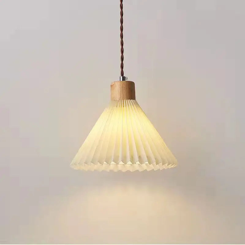 Retro Pleated Pendant Light For Living  Dining Room Bedside Solid Wooden Ceiling Hanging Fabric Lampshade Bar Home Decoration