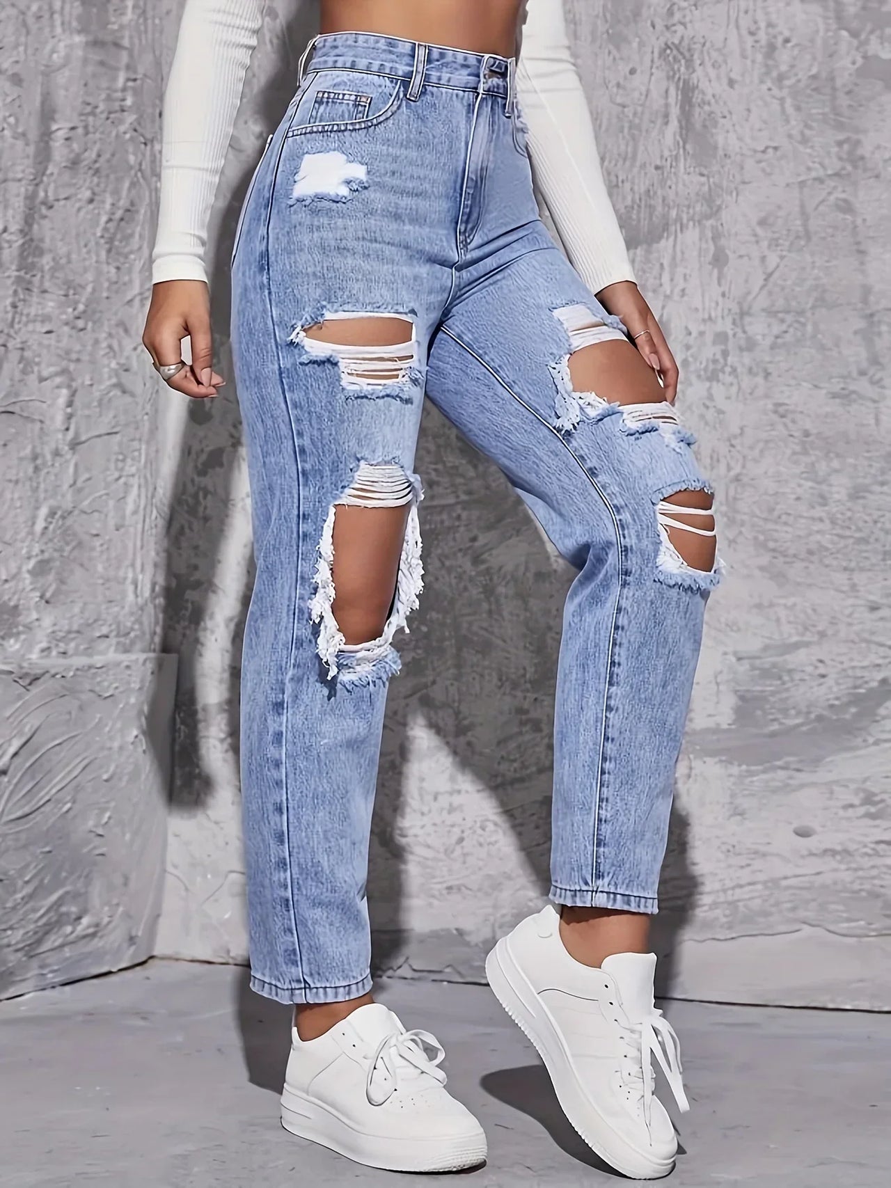 CPSYMYM American Retro Hole-punched Jeans Women High Waist Straight-crotch Loose Slim Design High-street Vibe Wide-legged Draggi