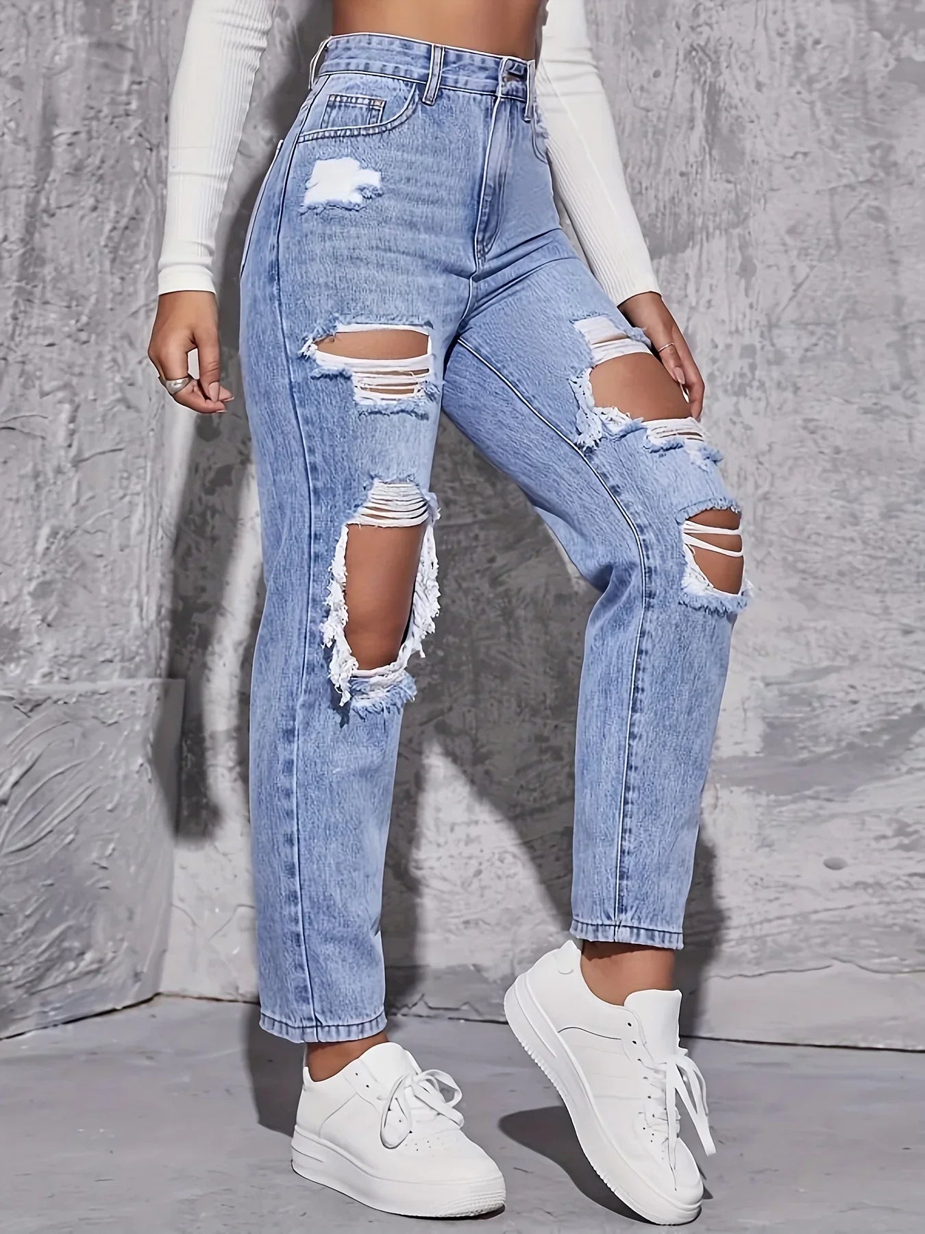 CPSYMYM American Retro Hole-punched Jeans Women High Waist Straight-crotch Loose Slim Design High-street Vibe Wide-legged Draggi