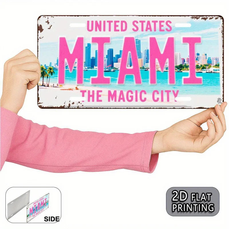 2DFlat Miami retro Metal Aluminum Sign License Plate，Travel Souvenirs，Friend Gift，Birthday Gift