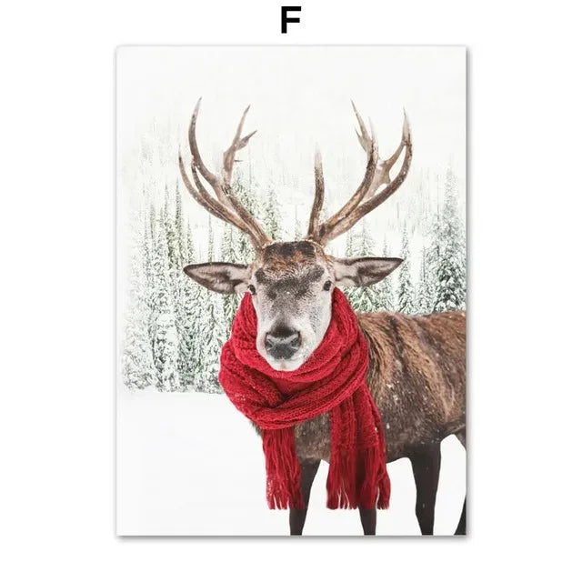 Winter Snow Scenery Picture Wall Art Canvas Painting Pine Santa Elk Poster and Print for Christmas Home Decor Living Room Design