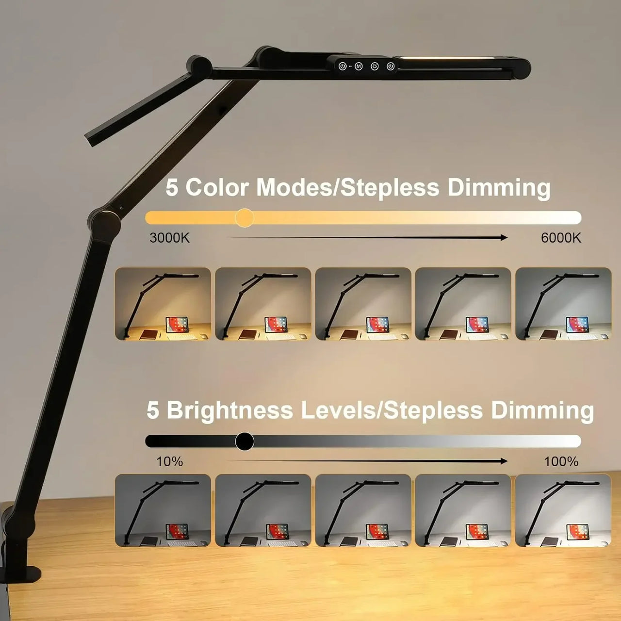 Led Desk Lamp with Clamp Architect Desk Lamp for Home Office 24W Ultra Bright Auto Dimming PC Light Stepless Dimming Table Light