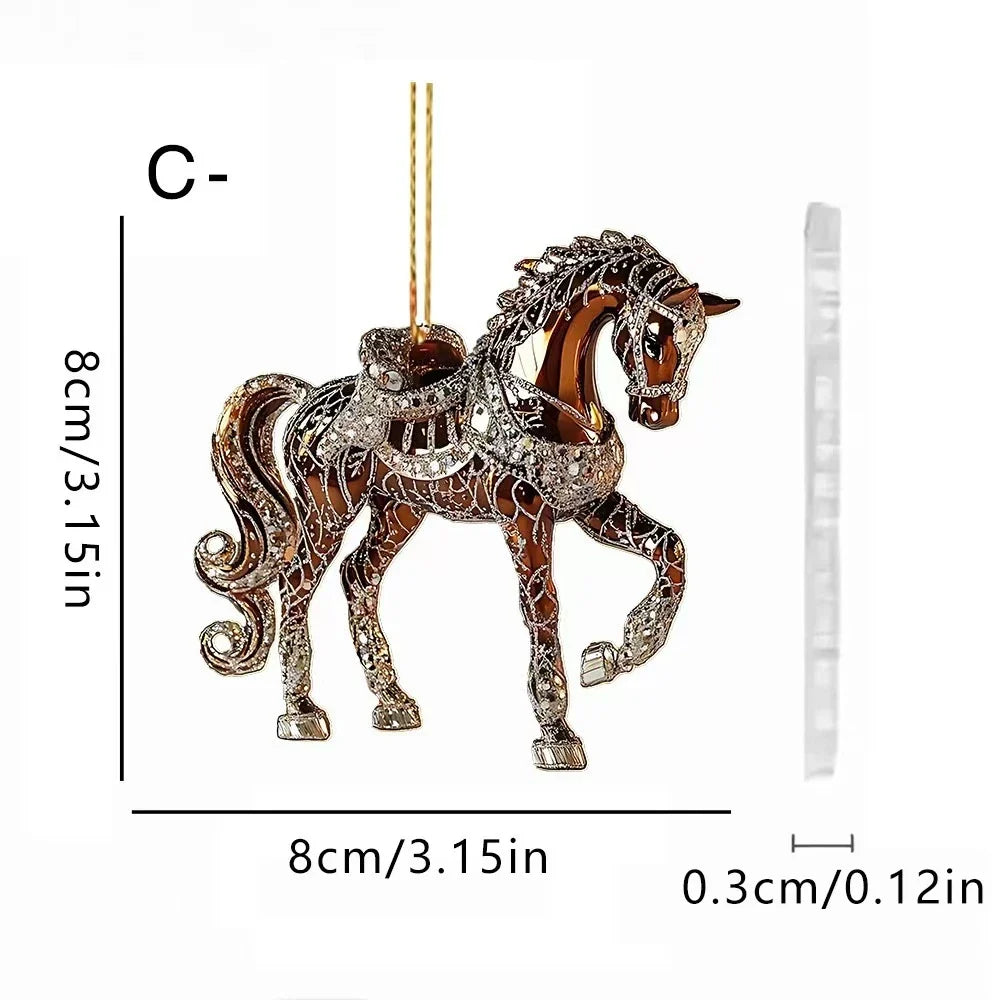 2D Acrylic Horse Car Rearview Mirror Pendant Charm Christmas Tree Ornament Party New Year Hanging Decoration