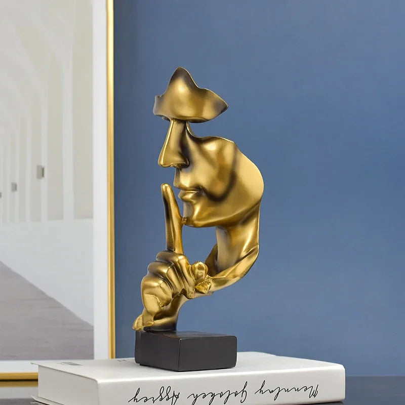 Home Decor Thinker Statue Sculpture Silence Is Gold Figurines Resin Retro  For Office Study Living Room Abstract Face Ornaments