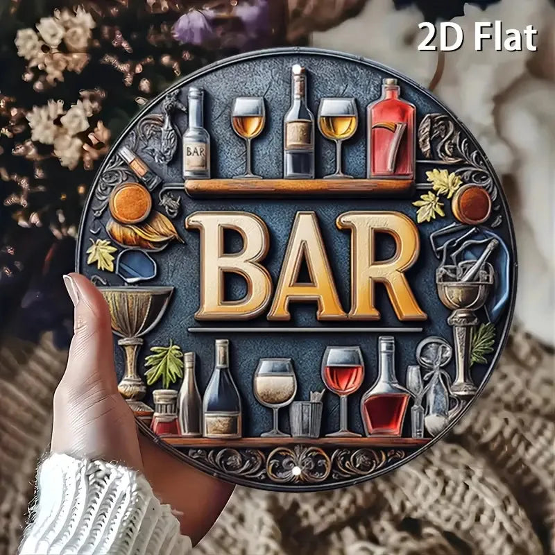2D Flat, 1pc Vintage Metal Bar Sign - Elegant Wine & Glasses Design, Retro Aluminum Round Wall Art for Bars, Cafes, Beach Houses